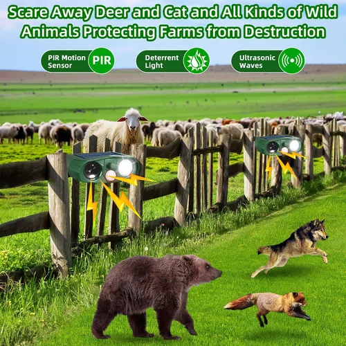 Miniatura 8 de Repelente solar de animales para exteriores, disuasorio ultrasónico de jardín con sensor de movimiento para gatos, ardillas y roedores, estaca
