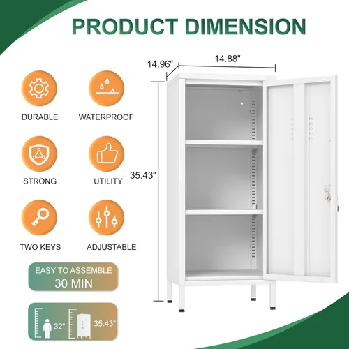 Miniatura 3 de Armario de almacenamiento de metal para taquilla, armario de acero de 35 pulgadas de altura con 2 estantes ajustables, gabinetes de archivos