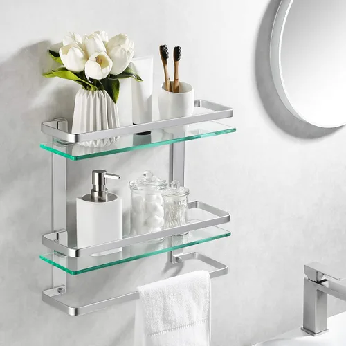 KES Estante de vidrio templado para baño, estante de vidrio de almacenamiento de 2 niveles, rectangular con barra montado en la pared, acabado de