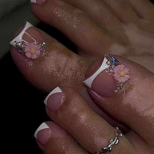 Miniatura 16 de Uñas postizas cuadradas a presión, uñas cortas MABKJLF blancas francesas de los pies, uñas postizas de verano brillantes con diamantes de imitación