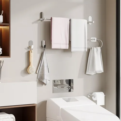 Miniatura 5 de Ganchos adhesivos para toallas para baños, paquete de 2, ganchos de pared de cromo pulido de acero inoxidable y aleación de zinc, ganchos adhesivos