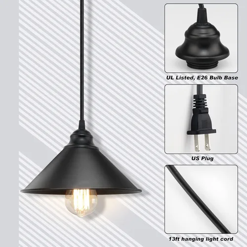 Miniatura 4 de Lámpara colgante enchufable, luz colgante industrial con cable de enchufe, interruptor de encendido/apagado, luz colgante de granja con cable