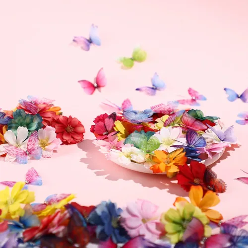 Miniatura 6 de Canlierr Juego de 100 mariposas de organza con cabeza floral sintética para manualidades, 50 cintas pequeñas 3D, 50 mini flores de imitación