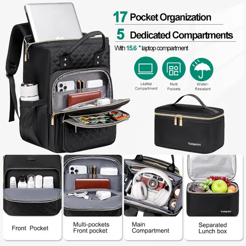 Miniatura 2 de Mochila de almuerzo, mochila para laptop de 15.6 pulgadas para mujeres, enfermeras, profesores, mochila de trabajo con lonchera aislada, Negro