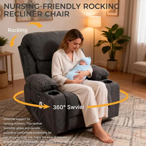 Miniatura 3 de Sillón reclinable eléctrico con balanceo, giratorio y deslizador, silla de guardería con botón de un toque, masaje vibratorio y calor, puertos