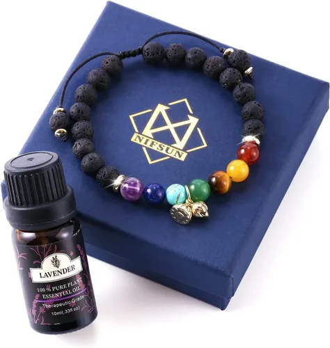 7 Chakra Bracelet Real Crystal Stone Beads Essential Oil Set Yoga Meditation Protection Lava Rock Jewelry Gifts for Women Men