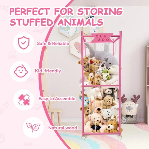 Miniatura 9 de Zoológico de almacenamiento de animales de peluche con ruedas, soporte de madera grande para animales de peluche, organizador de juguetes