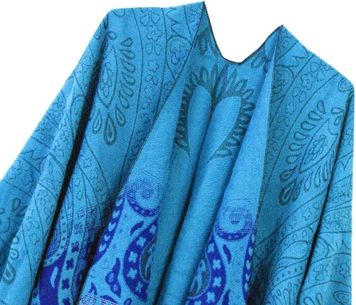 Miniatura 3 de Poncho con flecos, con estampado vintage, estilo retro, a la moda, para mujer. Capa, chal.