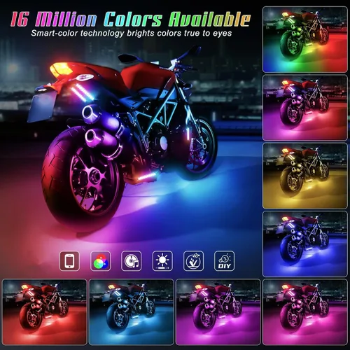 Miniatura 2 de 4 piezas de kits de luz LED para motocicleta, tiras de luz LED impermeables multicolor con control de aplicación, luces LED RGB sincronizadas