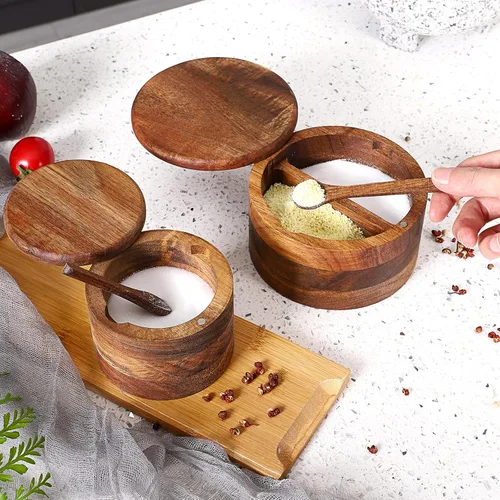 Miniatura 4 de Cuenco de Madera de Acacia para Sal y Pimienta, Salero de Madera Natural y Caja de Almacenamiento de Especias con Cuchara Incorporada y Tapa