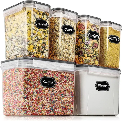 Wildone Juego de 6 recipientes herméticos para almacenamiento de alimentos secos y cereales (tapa negra), a prueba de fugas y sin BPA, con 1 taza