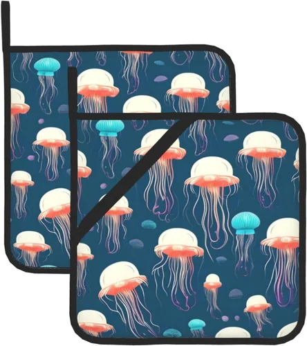 Juego de almohadillas calientes de 8 x 8 pulgadas con estampado de medusas, antideslizante, resistente al calor, para hornear, cocinar, cocinar