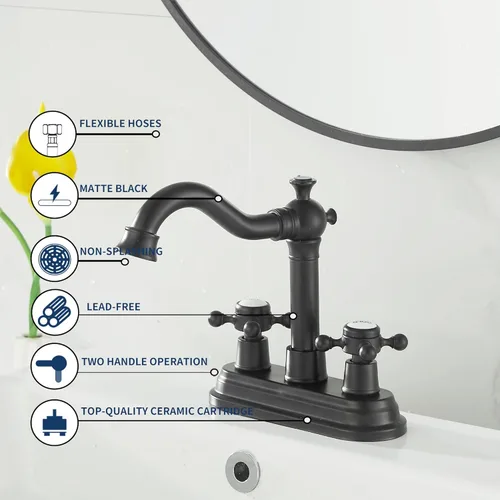 Miniatura 5 de Grifo de baño negro mate con 2 asas de 4 pulgadas, juego central de tocador de baño negro con montaje de drenaje y manguera de suministro grifo