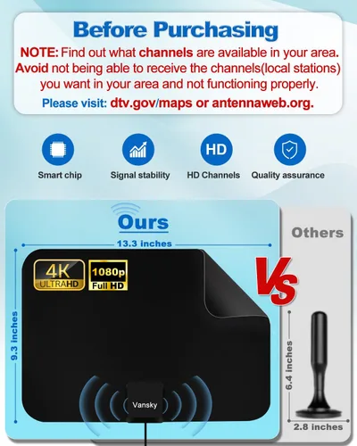 Miniatura 3 de Antena Vansky para TV de alta definición para interiores con 50 millas de alcance, amplificador de señal, fuente de alimentación USB desmontable