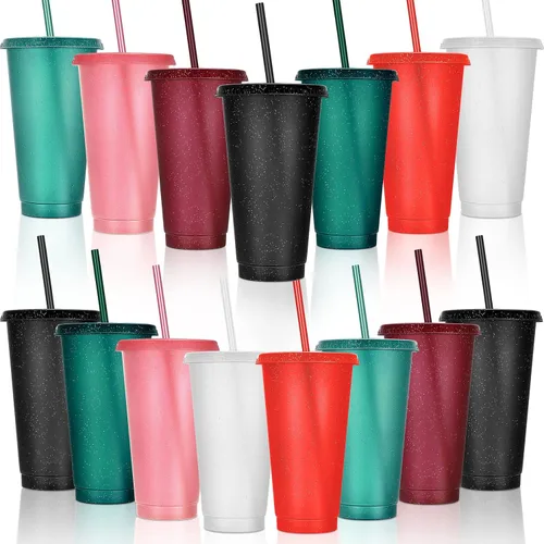 Miniatura 15 de Honeydak Paquete de 60 vasos con popote y tapa, vasos a granel para regalos, tazas de café de plástico con purpurina de 24 a 27 onzas, botella