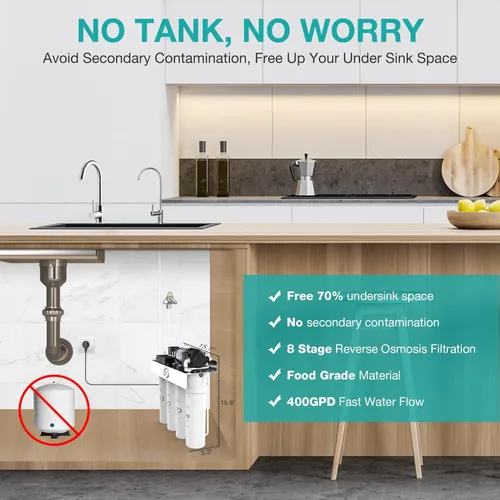 Miniatura 4 de SimPure Sistema de ósmosis inversa sin tanque T1-400UV con UV, certificado NSF/ANSI 58, sistema de filtro de agua RO para debajo del fregadero 400