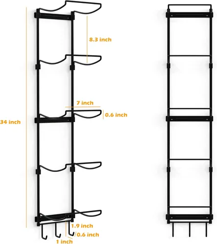 Miniatura 4 de Soporte para tapete de yoga, organizador de pared, rodillo de espuma de almacenamiento y bloque, con 5 secciones y 3 ganchos para colgar correa