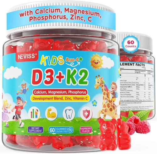 Gomas de vitamina D3 K2 para niños + calcio, magnesio, zinc, fósforo, vitamina C, suplemento multivitamínico para niños D3 y K2 para la salud ósea,