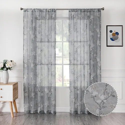 Miniatura 10 de Tollpiz - Cortinas cortas florales azules transparentes, con diseño de flores y enredaderas bordadas, cortinas de media cocina para café