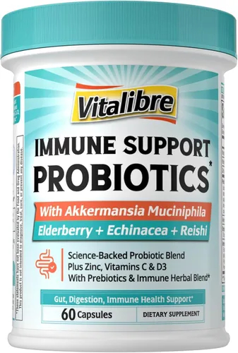 Vitalibre Akkermansia Probióticos para mujeres y hombres, suplemento de apoyo inmunológico, 16 cepas, con prebióticos, zinc, vitaminas C y D3,