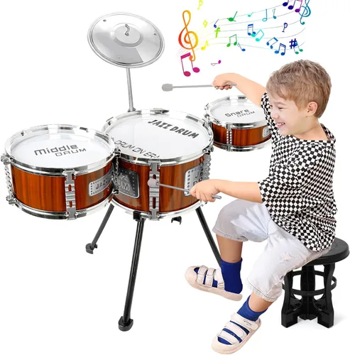 Juego de Batería para Niños, Juguetes Musicales, Juego de Tambores para Niños Pequeñas de 3 a 5 Años, Kit de Tambores Jazz con Taburete, 3 Tambores,