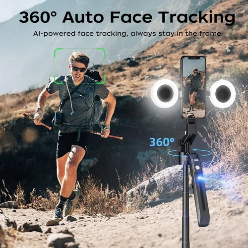 Miniatura 2 de Trípode para selfie de seguimiento automático de 70.9 pulgadas para iPhone y Android con luces, sin aplicación, trípode de rotación de 360° que