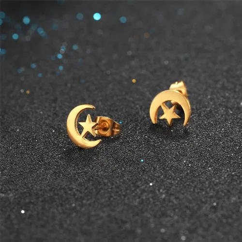 Miniatura 3 de Pendientes de tuerca con estrella de luna crecienteAnkh, aretes de acero inoxidable chapados en oro de 18 quilates, joyería para mujer