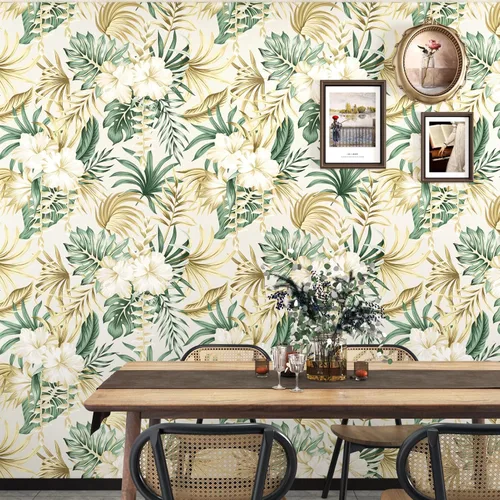 Miniatura 5 de WESTICK Papel tapiz tropical botánico, impermeable, floral, autoadhesivo, para dormitorio, baño, paredes, armarios, hojas verdes, hibisco, 17.5 x 2.