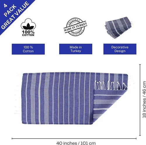 Miniatura 3 de Juego de 4 toallas de baño para mano y gimnasio, decorativas de peshtemal turco, 100% algodón, tamaño grande 50 x 100 cm. Azul marino