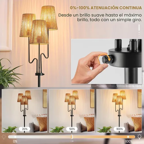 Miniatura 3 de Lámpara de pie regulable, 68 pulgadas, lámparas de pie bohemias con pantalla natural, lámpara de árbol de 3 luces para decoración de estilo costero