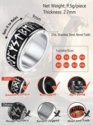 Miniatura 6 de FaithHeart Anillo giratorio nórdico vikingo con runas de acero inoxidable chapado en oro para hombres y mujeres, puede grabar personalizado