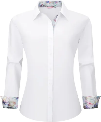 Miniatura 23 de WARHORSEE Blusas de vestir de manga larga con botones de algodón para mujer, blusas de trabajo elegantes de fácil cuidado, blusas casuales