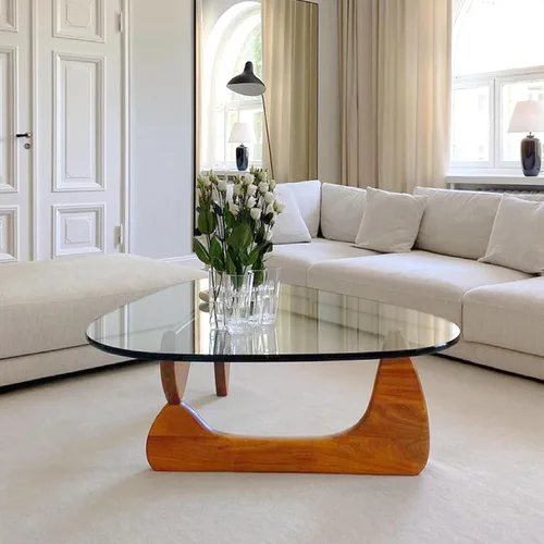 Miniatura 6 de Mesa auxiliar moderna Mid-Century con parte superior triangular de vidrio transparente y base de madera maciza, mesa auxiliar moderna para sala