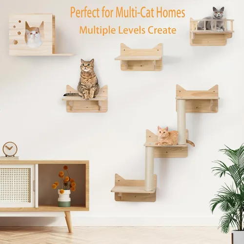 Miniatura 6 de Árbol para gatos montado en la pared, 7 estantes y perchas de pared para gatos con postes rascadores altos de sisal, árbol de escalada para gatos