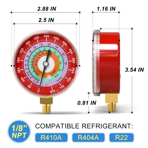 Miniatura 2 de MEANLIN MEASURE Medidor de presión de refrigeración, 1/8" NPT, 0-800Psi, 2-3/4" dial, R-404A, R-22, R-410A, grado F, con 1/4" NPT y 3/8" NPT buje