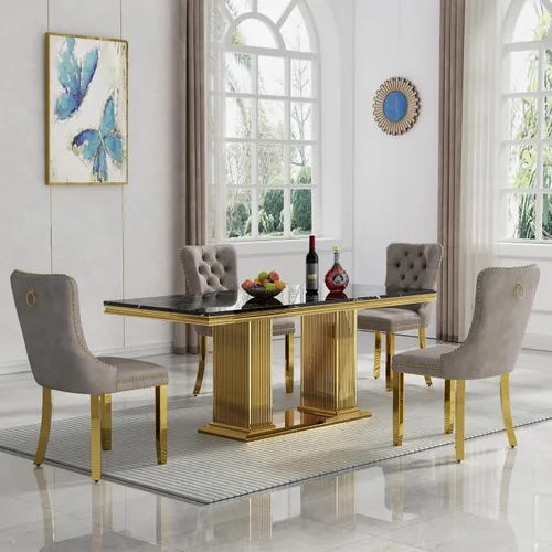 Miniatura 19 de HomVent Juego de mesa de comedor moderna de mármol sintético para 4 personas, mesa de cocina rectangular con 4 sillas beige (dorado)