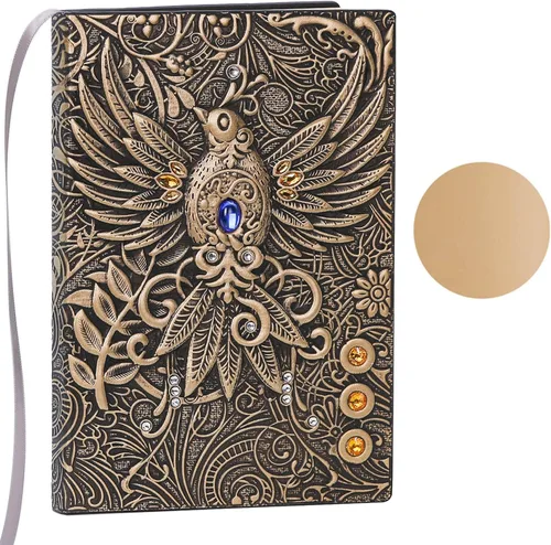 Diario sin forro – Phoenix Brass 3D con diseño de arte en relieve de tapa dura en blanco, cuaderno de bocetos A5 con 2 marcadores, 8.4 x 5.7 Phoenix