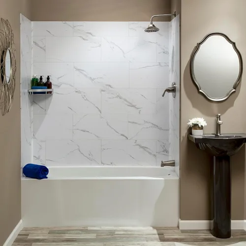 Miniatura 3 de Palisade Kit de azulejos de vinilo entrelazados impermeables para ducha y bañera en mármol Carrara de 23.2 x 11.1 pulgadas Mármol de Carrara