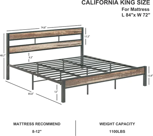 Miniatura 2 de LIKIMIO Base de cama California King con cabecero, fácil montaje, sin ruido, no necesita somier, marcos de soporte de metal resistentes y pesados