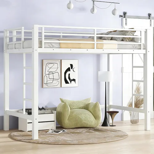 Miniatura 13 de Cama alta de metal tamaño individual, marco de cama tipo loft resistente, tamaño individual con 2 escaleras y barandillas de longitud completa