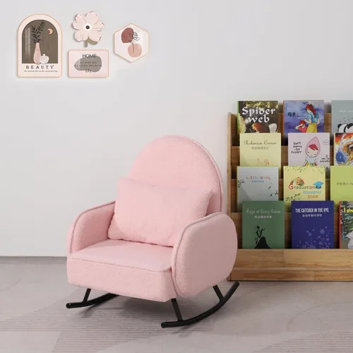 Miniatura 5 de Mecedora para bebé, silla para niños, sofá para niños, pie de metal tembloroso y tela sherpa, sillón mecedor para niños y niñas (rosa)