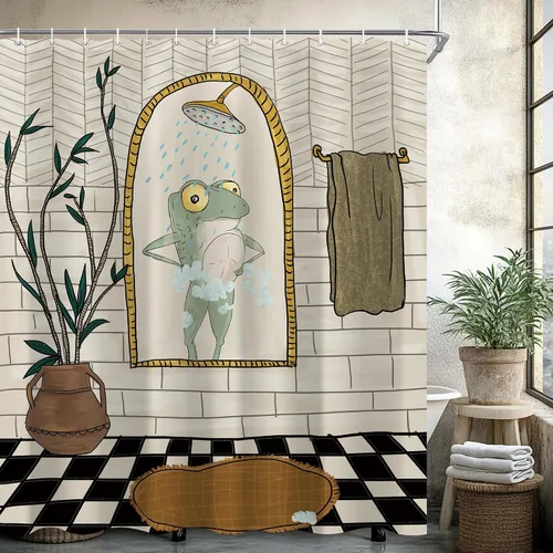 Miniatura 3 de Juego de cortina de ducha divertida con diseño de ranas para el baño 60x72 pulgadas, cortina de ducha retro linda con diseño de ranas, cortina