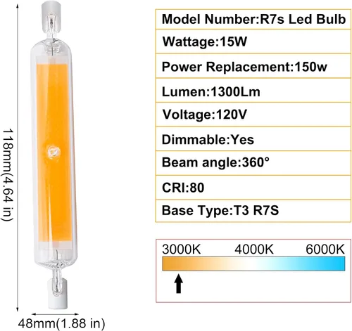 Miniatura 2 de Bombillas LED R7S de 15 W y 4.646 in (paquete de 2) 150 W equivalente a halógeno tipo J 120 V regulable T3 R7s base doble luz de inundación 3000 K