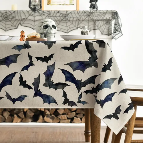 Miniatura 3 de Horaldaily Mantel rectangular de Halloween de 52 x 70 pulgadas, diseño de murciélagos, lavable, para decoración de fiestas, pícnic, cenas