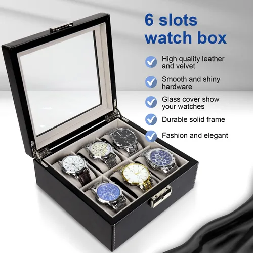 Miniatura 2 de BareTulip Caja organizadora de reloj para hombre, caja de reloj con 6 ranuras, caja de reloj de piel sintética con ventana de vidrio y cerradura