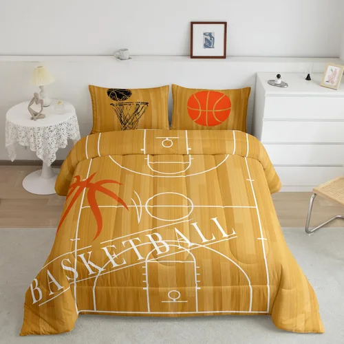 Erosebridal Juego de ropa de cama de baloncesto tamaño individual para niños, juego de edredón deportivo para cancha de baloncesto, edredón marrón