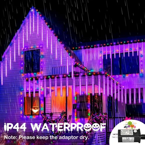 Paquete de 2 luces de Halloween extensibles para exteriores, 16 tubos, 384 luces LED de lluvia de meteoritos al aire libre con temporizador, cadena