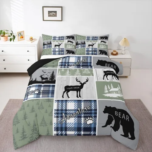 Miniatura 10 de Juego de edredón de oso y ciervo, tamaño individual, ropa de cama de animales salvajes de caza, colcha rústica de cabaña, casa de campo, cuadros