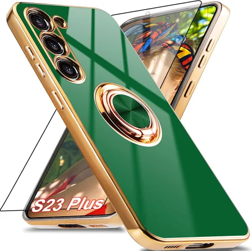 Miniatura 8 de Funda para Samsung Galaxy S23 Ultra 5G, soporte de anillo de rotación de 360° incorporado, soporte magnético, borde chapado brillante de lujo, Verde