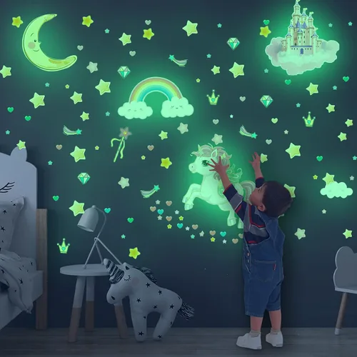 Miniatura 8 de Adhesivos de unicornio que brillan en la oscuridad, calcomanías de puntos y estrellas removibles para techo, adhesivo de arcoíris luminoso para Arco
